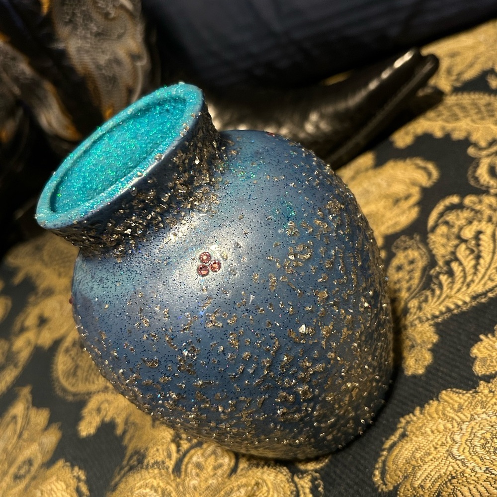 Blue and White Gold Textured Handmade Ceramic Vase